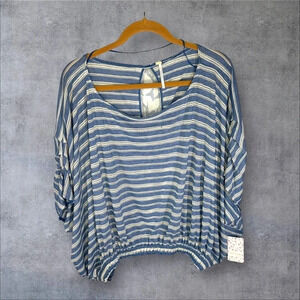 New Free People Blue & White Striped Oversized Blouse Top Sz Small NWT Boho Flaw